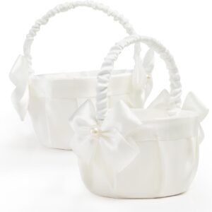 KANECH Ivory Flower Girl Baskets - Set of 2 Wedding Flowers Basket with Elegant Bow