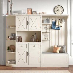 2-in-1 Hall Tree with Storage Bench, Shoe Cubbies & Coat Rack – Beige Entryway Organizer