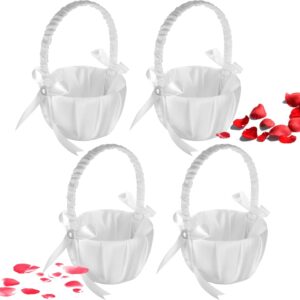 4 Wedding Flower Baskets: White Satin Bowknot with Pearls.