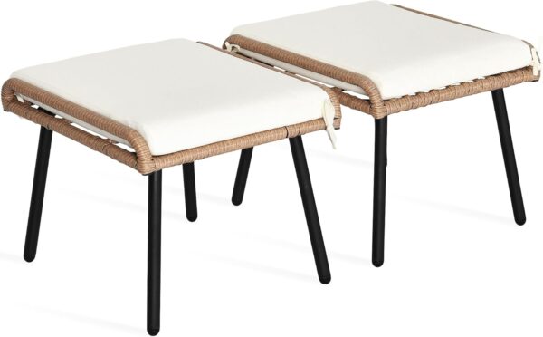 Set of 2 Outdoor Wicker Ottomans with Cushions – Beige - Image 6