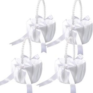 4-pack white satin flower girl baskets with pearl handles & bowknots