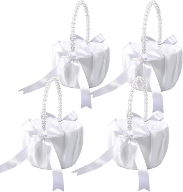 4-pack white satin flower girl baskets with pearl handles & bowknots