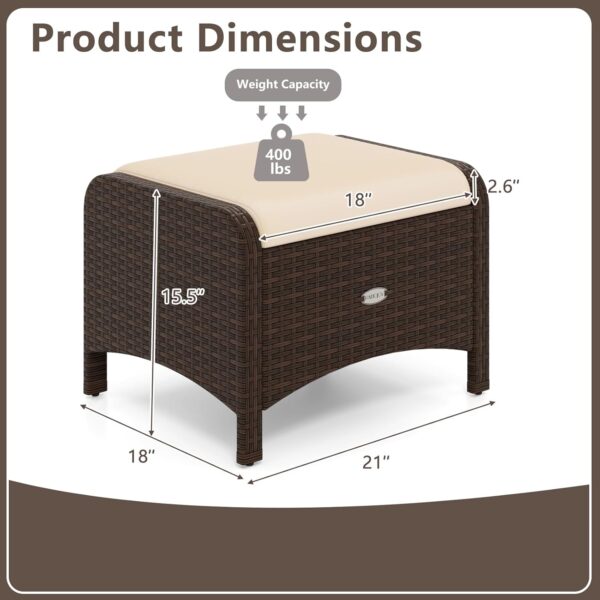 Set of 2 Wicker Outdoor Ottomans with Cushions – Patio Footrests/Side Tables (Beige) - Image 4