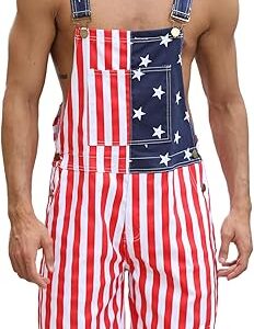 Men’s American Flag Denim Overalls – Adjustable Strap Bib Shorts with Pockets