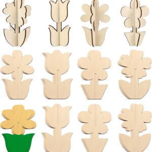 Flower Spring Wood Crafts to Paint (24Pcs): 4 Styles 3D DIY Flowers
