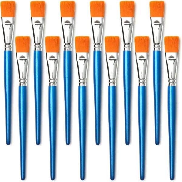 12 Pc 1-inch Flat Synthetic Paint Brushes with Wooden Handle for Acrylic, Watercolor, Oil & Crafts