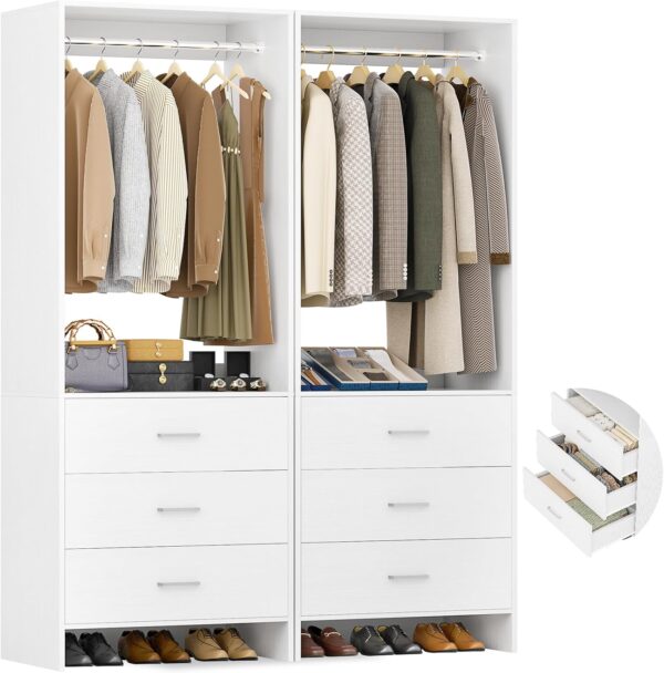 4FT Closet Organizer System, Set of 2 Wood Wardrobes with Hanging Rods, White