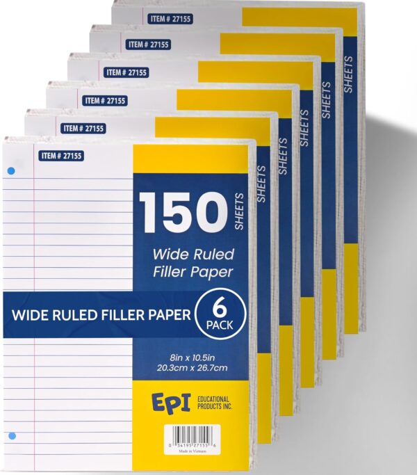 EPI Filler Paper, Wide Ruled Loose Leaf, 3-hole punch, 150 Sheet, 10.5 x 8 Inch, Pack of 6 (900 sheets)