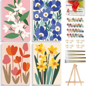 4-Pack Framed Flower Paint by Numbers Kit – 8x12in with Easel for Beginners
