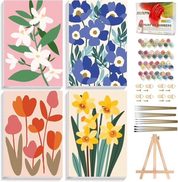 4-Pack Framed Flower Paint by Numbers Kit – 8x12in with Easel for Beginners