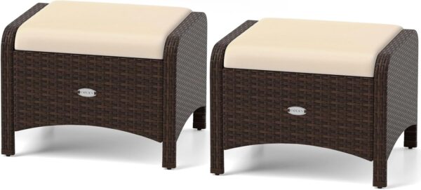 Set of 2 Wicker Outdoor Ottomans with Cushions – Patio Footrests/Side Tables (Beige) - Image 6