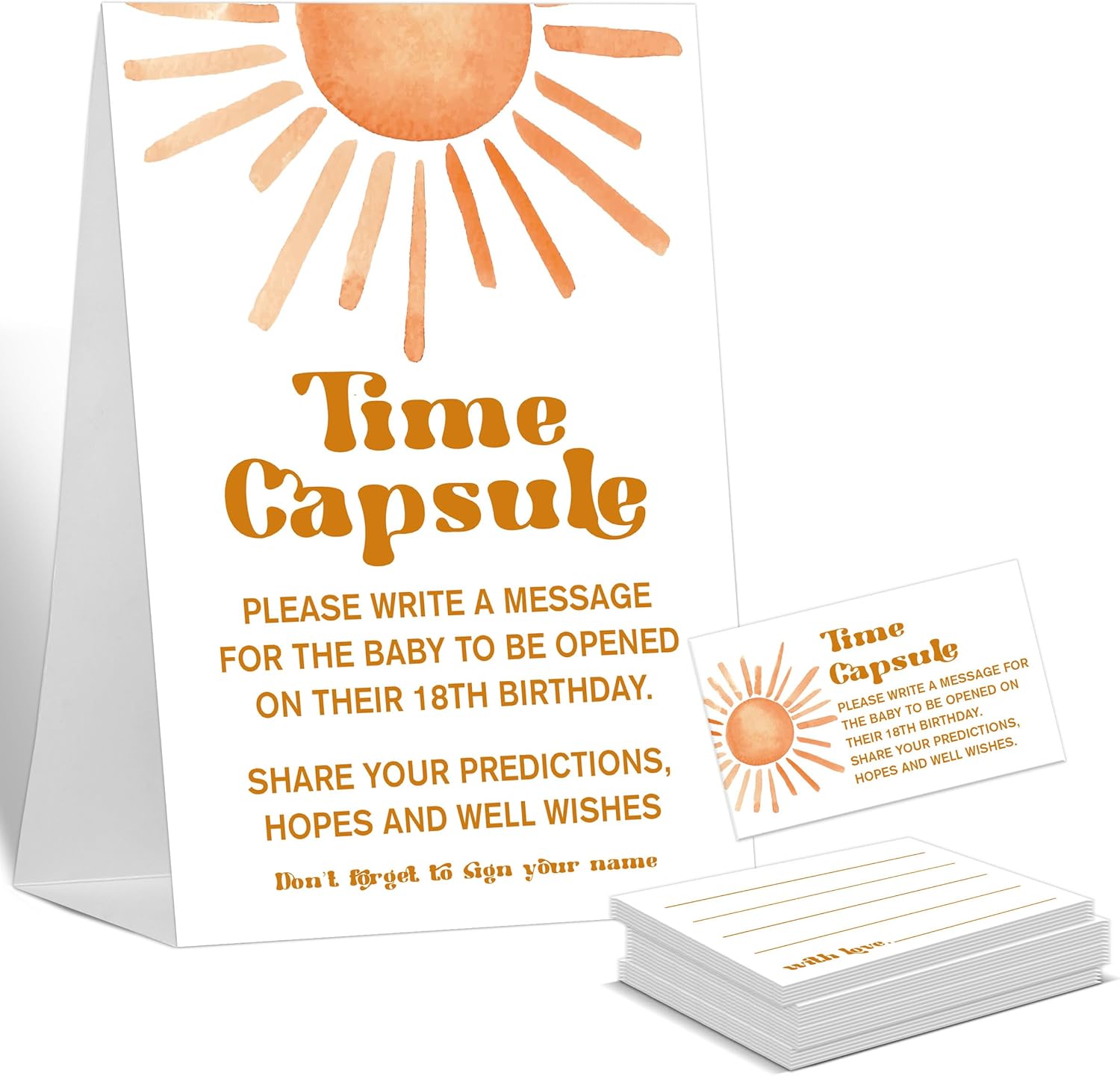 Baby Shower Time Capsule Game Set – Standing Sign & 50 Advice Cards, Gender Neutral Sunshine Theme