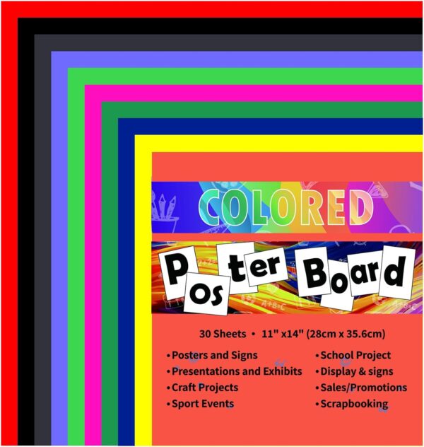 30 Sheets 11x14” Colored Poster Boards: 10 Assorted Colors