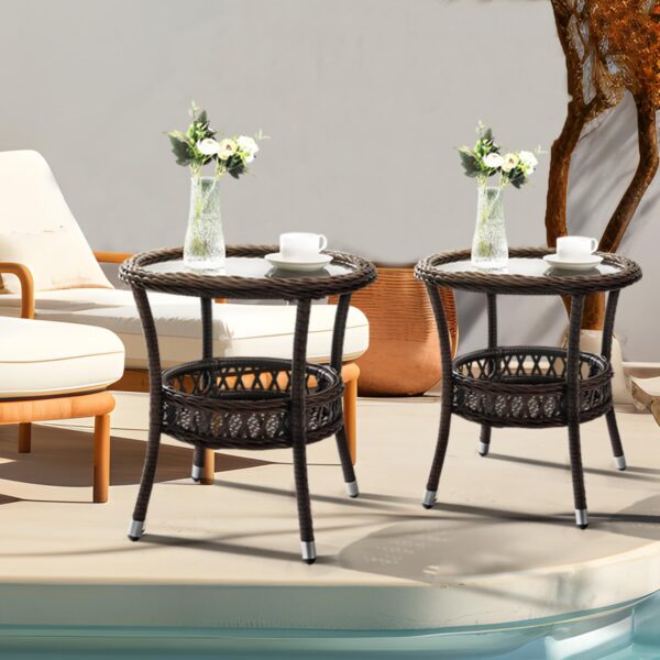 Set of 2 Outdoor Wicker Side Tables, Round Rattan with Glass Top & Storage, Brown