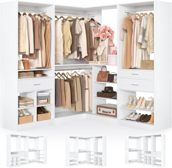 86” Closet System, Corner Organizer with 4 Rods, Shelves & Drawers, White