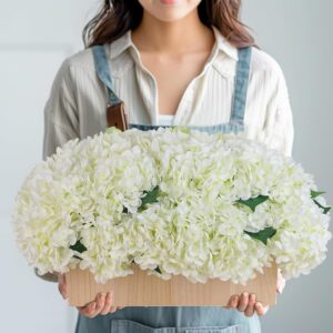 Artificial Hydrangea Arrangement with Wooden Pots (White, Large)