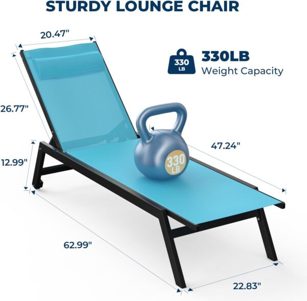 Set of 2 Outdoor Aluminum Lounge Chairs – Adjustable, Wheeled, Turquoise (No Table) - Image 5
