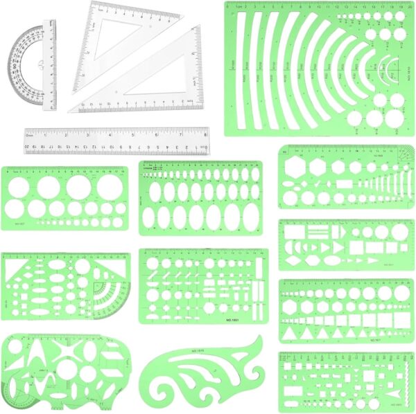 15pcs Drawing Template & Ruler Kit – Clear Plastic Stencils for Architecture & Design