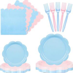 96PCS Baby Gender Reveal Tableware Set – Plates, Napkins & Forks for 24 Guests (Pink & Blue)