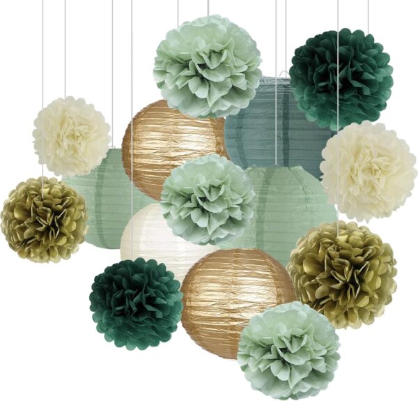 15pc Sage Green Party Decorations - Lanterns & Pom Poms