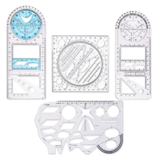 4-Pack Geometric Ruler Set – Rotatable Drafting Templates for Students & Designers