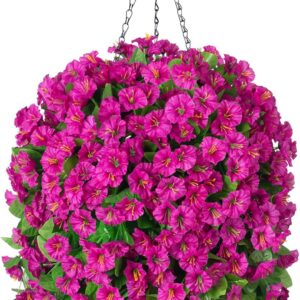 Artificial Hanging Flower Basket: Fake Morning Glory & Eucalyptus (Red Purple)