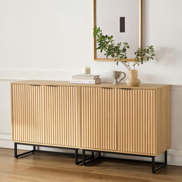 Fluted Storage Cabinet Set of 2: Adjustable Shelves (Natural Oak)