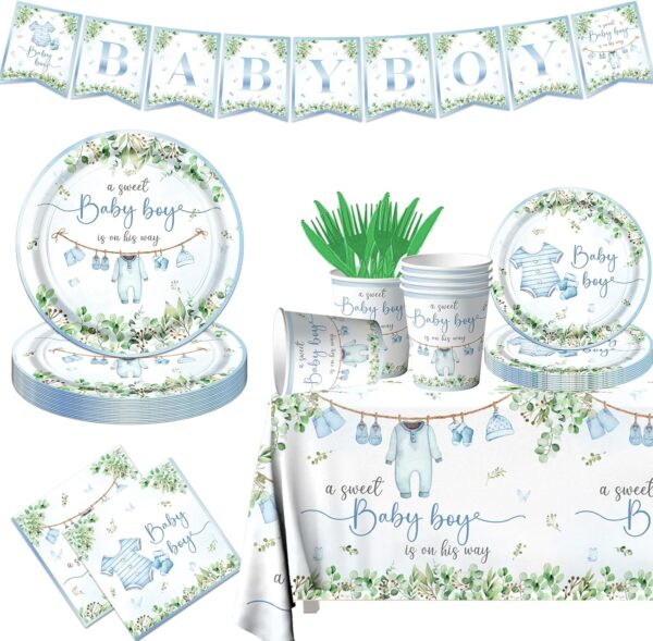 Baby Shower Tableware Set – Blue Boy Plates, Napkins, Cups & Tablecloth