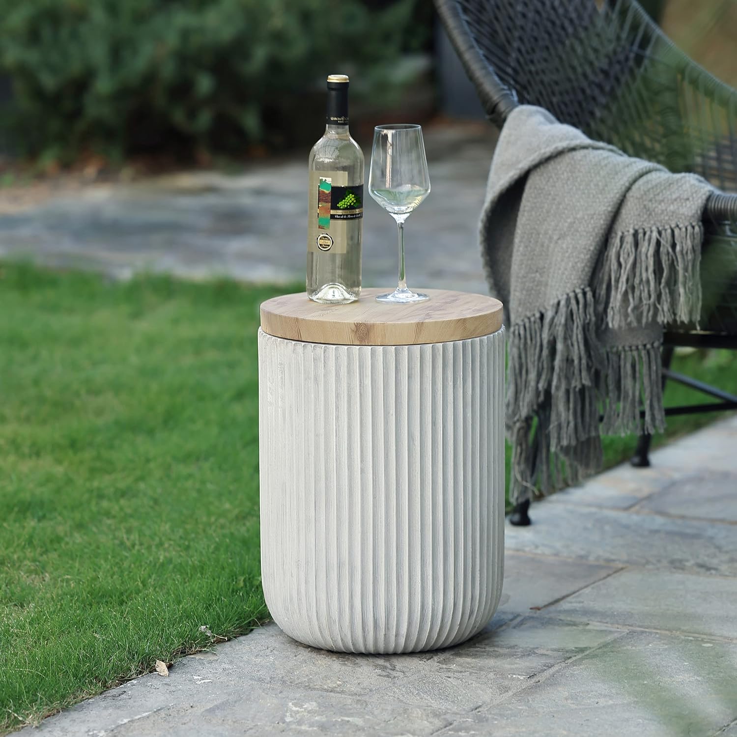 18" Outdoor Side Table with Storage, Cement Drum with Wood-Finish Lid