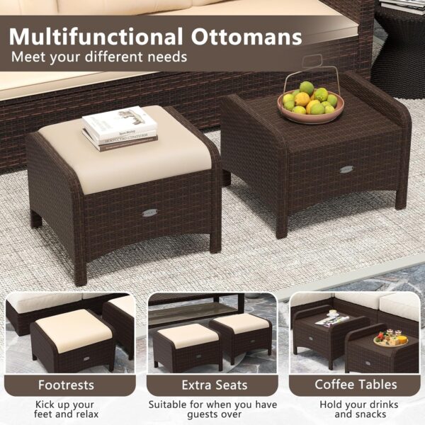 Set of 2 Wicker Outdoor Ottomans with Cushions – Patio Footrests/Side Tables (Beige) - Image 3