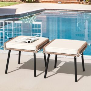 Set of 2 Outdoor Wicker Ottomans with Cushions – Beige
