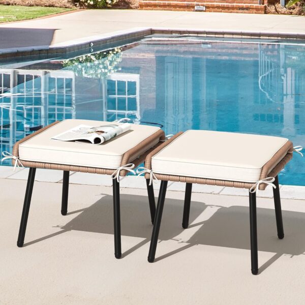 Set of 2 Outdoor Wicker Ottomans with Cushions – Beige