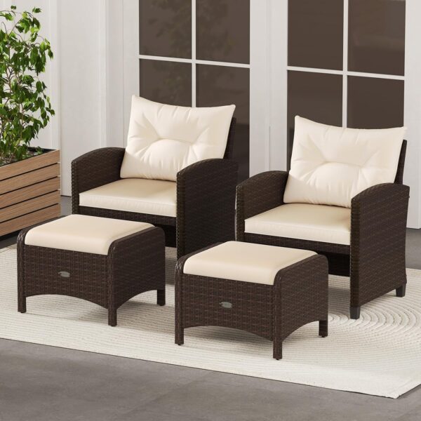 Set of 2 Wicker Outdoor Ottomans with Cushions – Patio Footrests/Side Tables (Beige)