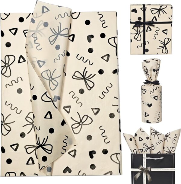 Kraft Brown Tissue Paper with Black Bows, 30 Sheets (20"x14")
