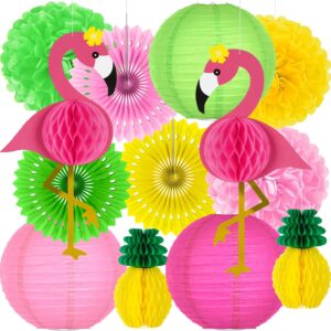 13PCS Hawaiian Luau Decor – Flamingo, Pineapple, Fans & Lanterns