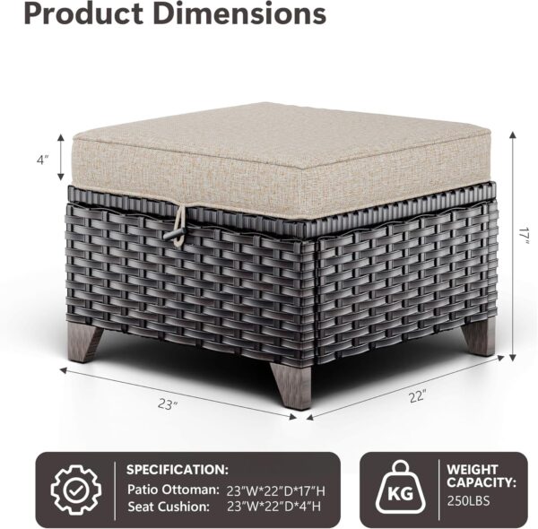 Set of 2 Outdoor Wicker Ottomans with Cushions (Beige) - Image 6