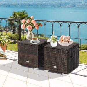 Set of 2 Patio Rattan Ottomans with Cushions & Hidden Storage (Grey)