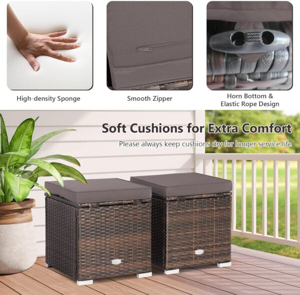 Set of 2 Patio Rattan Ottomans with Cushions & Hidden Storage (Grey) - Image 4