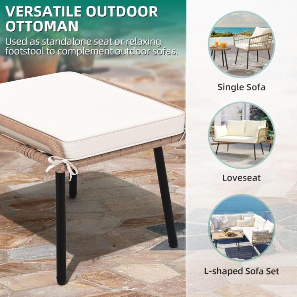 Set of 2 Outdoor Wicker Ottomans with Cushions – Beige - Image 2