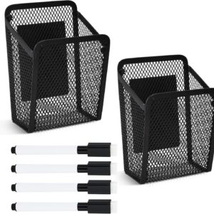 2-Pack Magnetic Metal Mesh Pen Holders with 2 Whiteboard Pens, for Fridge & Office