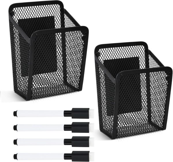 2-Pack Magnetic Metal Mesh Pen Holders with 2 Whiteboard Pens, for Fridge & Office