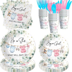 Gender Reveal Party Set – Greenery Baby Clothes Theme Plates, Napkins, Cups & Cutlery for 24