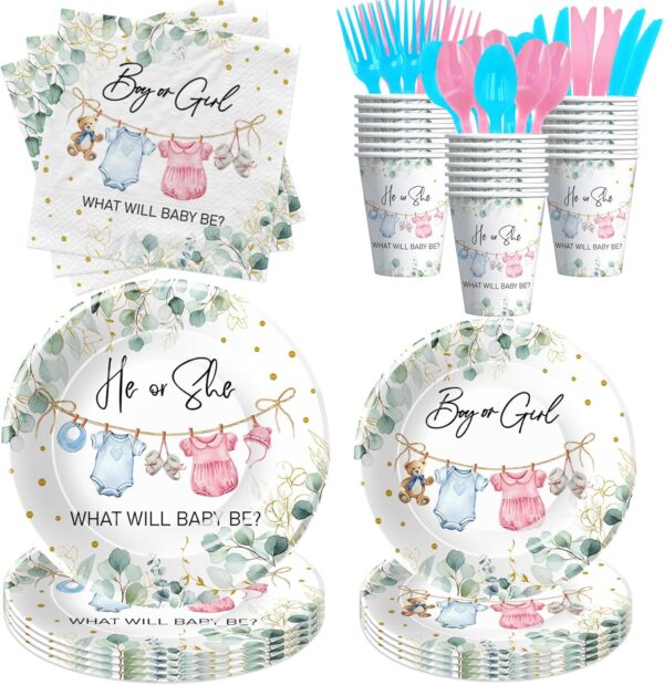 Gender Reveal Party Set – Greenery Baby Clothes Theme Plates, Napkins, Cups & Cutlery for 24
