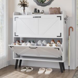 Narrow Shoe Cabinet with 2 Flip Drawers & Wooden Legs, Farmhouse Style, White 31.5" W