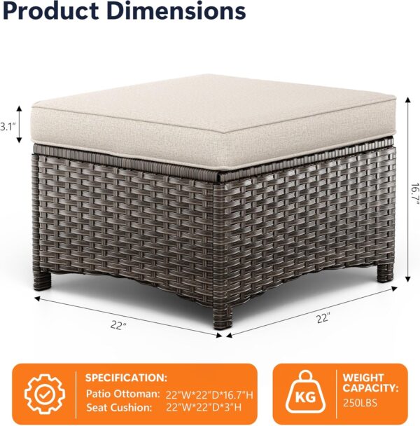 Set of 2 Outdoor Wicker Ottomans with Removable Cushions – Beige - Image 6