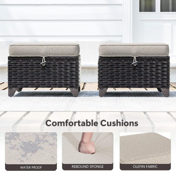 Set of 2 Outdoor Wicker Ottomans with Cushions (Beige) - Image 5