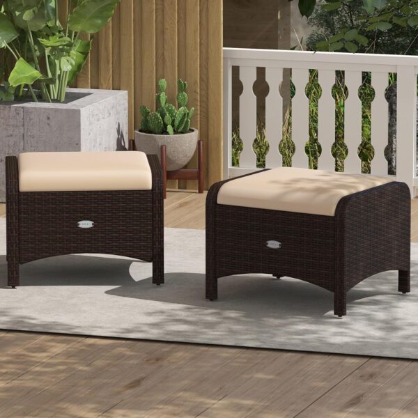Set of 2 Wicker Outdoor Ottomans with Cushions – Patio Footrests/Side Tables (Beige) - Image 5