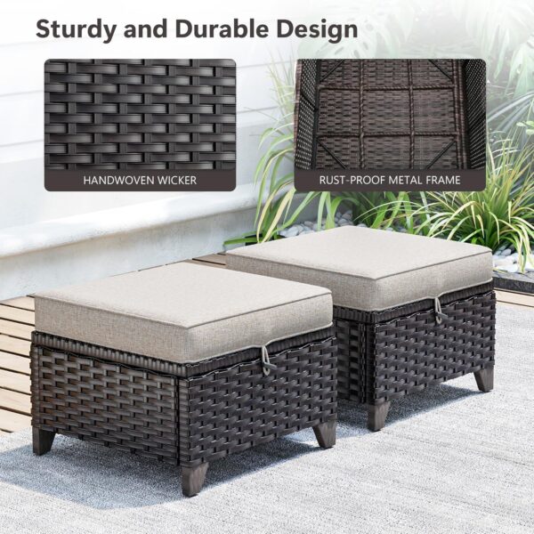 Set of 2 Outdoor Wicker Ottomans with Cushions (Beige) - Image 4
