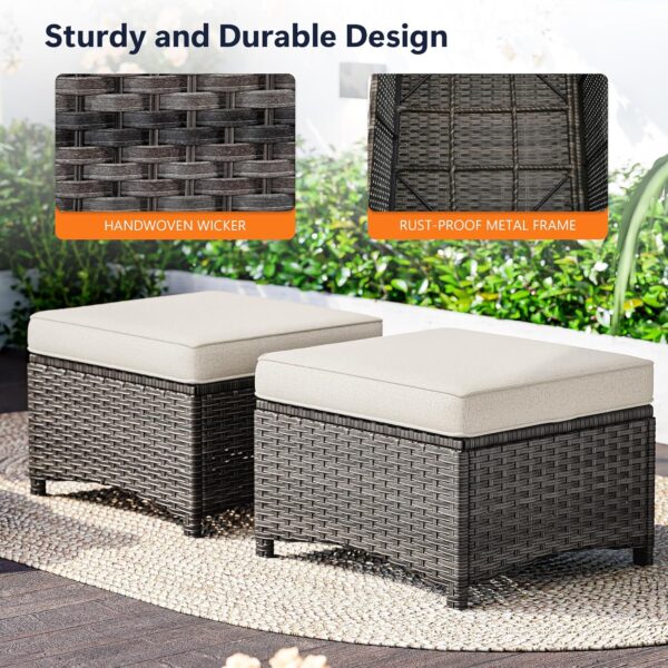 Set of 2 Outdoor Wicker Ottomans with Removable Cushions – Beige - Image 4