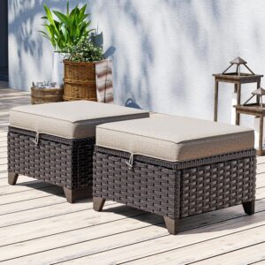 Set of 2 Outdoor Wicker Ottomans with Cushions (Beige)